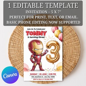 Pu&ograve; includere: Un modello di invito di compleanno, 12,7 x 17,8 cm, con un personaggio di Iron Man e un palloncino dorato con il numero 3. L'invito recita "Unisciti a noi per festeggiare! Tommy compie tre anni!" e include i dettagli dell'evento.