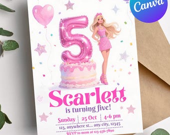 5th Fashion Doll Birthday Invitation, Digital girls bday Invite, Printable Birthday Party, chic glam Kids Party, pink glitter birthday doll