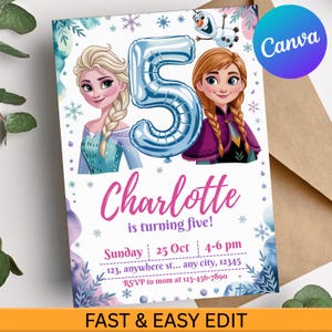 Op de afbeelding: Een verjaardagsuitnodiging met illustraties van twee animatiefiguren, een zilveren cijfer 5 ballon en sneeuwvlokken. De uitnodiging luidt "Charlotte wordt vijf!" met evenementdetails en "FAST & EASY EDIT".