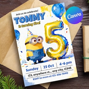 Inbjudan till Minions 5-årsdag, digital födelsedagsinbjudan, redigerbar Canvas-mall, Minions barnkalas, gulblå inbjudan, barn 5-årsdag