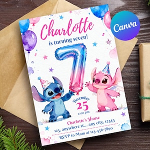 スティッチとエンジェルの7歳の誕生日招待状、編集可能なスティッチの誕生日招待状、スティッチエンジェルの女の子の誕生日、ピンクブルーのテーマ、Canvaテンプレートカード