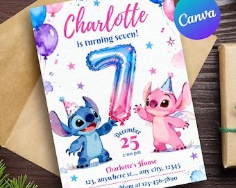 Stitch and Angel 7th Birthday Invitation, Editable Stitch Birthday Invite, Stitch Angel Girls birthday, Pink Blue Theme, Canva Template card