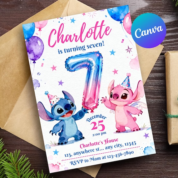 Stitch and Angel 7th Birthday Invitation, Editable Stitch Birthday Invite, Stitch Angel Girls birthday, Pink Blue Theme, Canva Template card