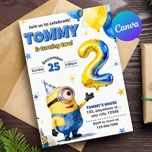 Puede incluir: Una invitación de fiesta de cumpleaños con un personaje de Minion y un globo con el número 2. La invitación incluye el texto "¡Únete a nuestra celebración! ¡TOMMY cumple dos años!" y los detalles del evento.