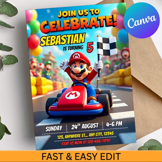 Super Mario Birthday Invitation, Digital Mario Party Invite, Editable Canva card, Printable Boys Gamer Birthday Party Card, Mario race car