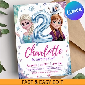 Può includere: Un invito di compleanno con Elsa e Anna di Frozen, con un palloncino argentato a forma di 2. L'invito è per il secondo compleanno di Charlotte, con i dettagli dell'evento e la scritta "FAST & EASY EDIT".