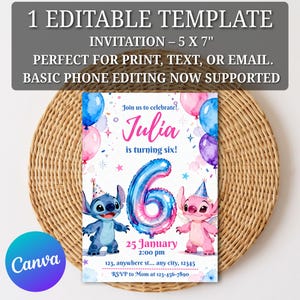 May include: A birthday invitation template with a blue and pink color scheme. The invitation features the text "Julia is turning six!" and includes the date, time, and RSVP information. The design includes cartoon characters and balloons.