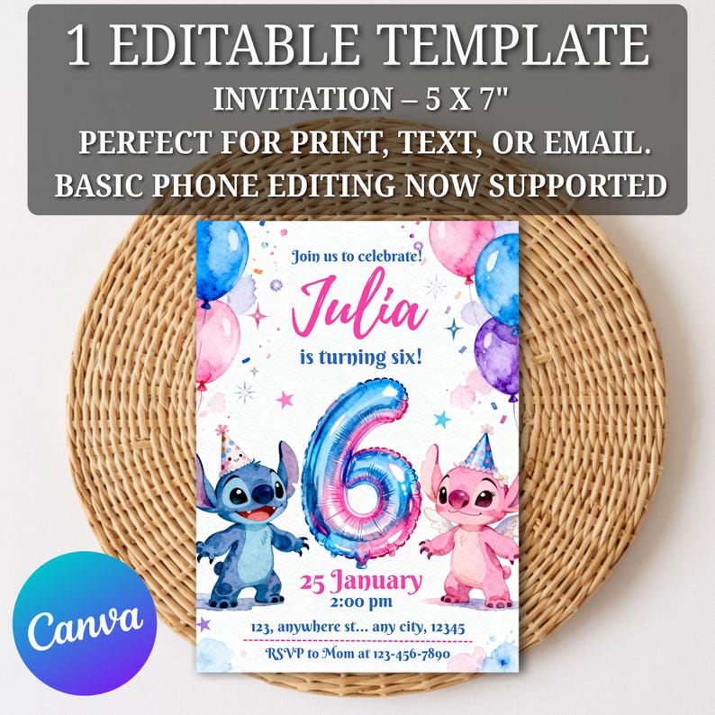 May include: A birthday invitation template with a blue and pink color scheme. The invitation features the text "Julia is turning six!" and includes the date, time, and RSVP information. The design includes cartoon characters and balloons.