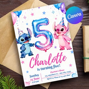 Stitch and Angel 5th Birthday Invitation, Editable Stitch Party Invite for Girls, Pink Blue Theme, Canva Template, Stitch birthday invite