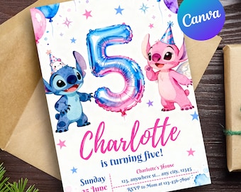 Invito per il 5° compleanno di Stitch e Angel, invito modificabile per la festa di Stitch per ragazze, tema rosa e blu, modello Canva, invito di compleanno di Stitch