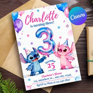 May include: A birthday party invitation featuring the text "Charlotte is turning three!" with a large number 3 balloon. The invitation includes cartoon characters, balloons, stars, and event details. The Canva logo is visible in the upper right corner.