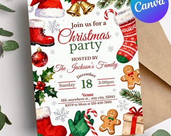May include: Christmas party invitation with festive illustrations. Features a Santa hat, stocking, gingerbread man, and holly. The invitation includes the text "Join us for a Christmas party" and event details.