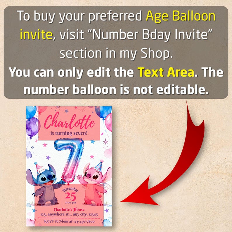 Pu&ograve; includere: Un invito di compleanno rosa con i personaggi Stitch e Angel, e un palloncino con il numero 7. Il testo include "Charlotte compie sette anni!" e "25 dicembre". L'area di testo &egrave; modificabile.