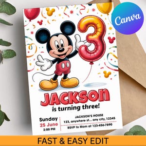 May include: A birthday invitation featuring Mickey Mouse holding a number 3 balloon. The invitation reads "Jackson is turning three!" with event details and a Canva logo. The design includes red, yellow, and blue accents.