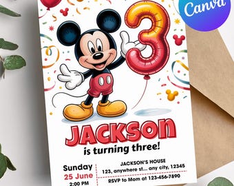 Mickey Mouse 3e verjaardagsuitnodiging, bewerkbare jongens derde verjaardag, canvassjabloon, schattige Mickey Mouse-viering, rood zwart verjaardagsuitnodiging