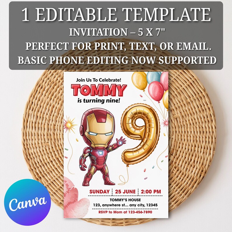 Op de afbeelding: Een aanpasbare verjaardagsuitnodiging van 5 x 7 inch, met een Iron Man-afbeelding en een gouden cijfer 9-ballon. De uitnodiging luidt "Join Us To Celebrate! TOMMY wordt negen!" en bevat evenementdetails.