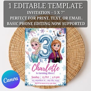 May include: A birthday invitation template featuring Elsa and Anna from Frozen, with a blue number 3 balloon. The invitation is 5 x 7 inches and includes the text "Charlotte is turning three!" and event details. The Canva logo is visible.
