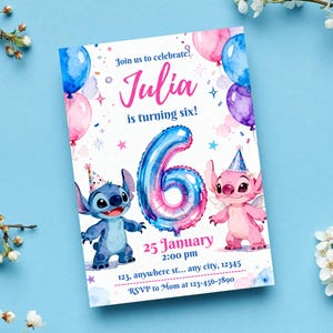 May include: A birthday invitation featuring the name "Julia" in pink script, with the text "is turning six!" and a large number "6" balloon. The invitation includes cartoon characters and balloons in blue, pink, and purple.