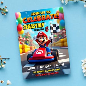 May include: A colorful birthday party invitation featuring a cartoon character in a red kart, holding a checkered flag. The invitation reads "Join us to Celebrate! Sebastian is turning 5" with event details below.