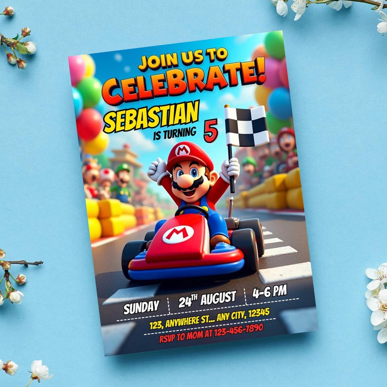 May include: A colorful birthday party invitation featuring a cartoon character in a red kart, holding a checkered flag. The invitation reads "Join us to Celebrate! Sebastian is turning 5" with event details below.