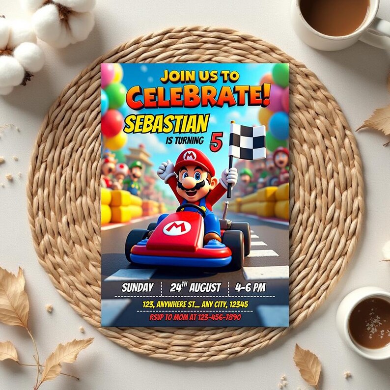 May include: A birthday party invitation featuring Mario in a red kart, holding a checkered flag. The invitation reads "Join us to Celebrate! Sebastian is turning 5" with event details below. The invitation is on a woven placemat.