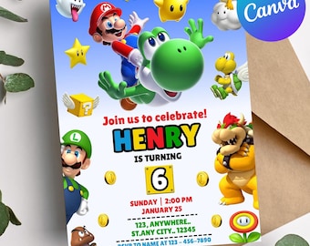Super Mario Birthday Invitation, Digital Mario Party Invite, Editable Canva Template, Super Mario Bros Game Theme Kids Birthday Card, Gamer