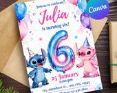 Stitch and Angel 6th Birthday Invitation, Editable Stitch Birthday Invite, Stitch Angel Girls birthday, Pink Blue Theme, Canva Template card