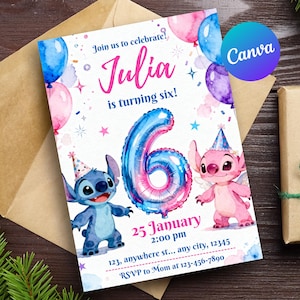 May include: A birthday invitation featuring the text "Join us to celebrate! Julia is turning six!" with a large number 6 balloon. Includes cartoon characters, balloons, and event details. The invitation is on a white background with watercolor accents.
