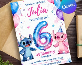 Stitch and Angel 6th Birthday Invitation, Editable Stitch Birthday Invite, Stitch Angel Girls birthday, Pink Blue Theme, Canva Template card