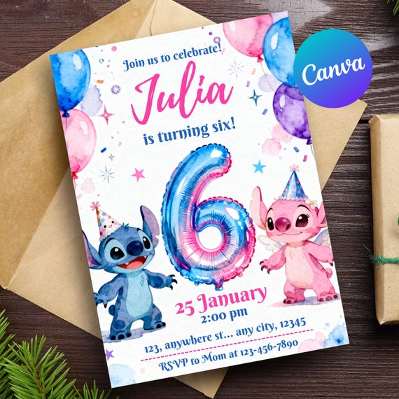 Stitch and Angel 6th Birthday Invitation, Editable Stitch Birthday Invite, Stitch Angel Girls birthday, Pink Blue Theme, Canva Template card