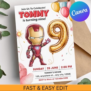 Op de afbeelding: Een verjaardagsuitnodiging met een cartoon Iron Man-personage en een gouden cijfer negen ballon. De uitnodiging bevat de tekst "Join Us To Celebrate! Tommy is turning nine!" en evenementdetails.