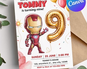 9th Iron Man Birthday Invitation, Superhero Digital Party Invite, Editable Canva Template, Printable Avengers Theme Bday Card, Cute ironman