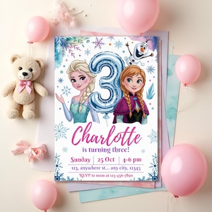 May include: A birthday invitation featuring Elsa and Anna from Frozen, with a blue number 3 balloon. The invitation reads "Charlotte is turning three!" with date, time, and RSVP information. Pink balloons and a teddy bear are in the background.