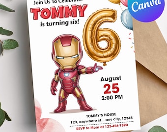 Invito per il 6° compleanno di Iron Man, invito modificabile per la festa degli Avengers, supereroi per ragazzi su Canva, biglietto di compleanno stampabile per ragazzi, simpatici bambini degli Avengers