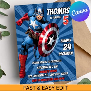 May include: A blue invitation card featuring Captain America with a shield. The card includes the text "THOMAS IS TURNING 5" and event details for a birthday party on December 24th. The words "FAST & EASY EDIT" are also visible.