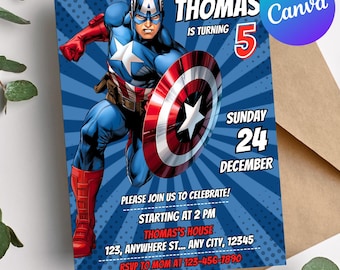 キャプテン・アメリカの誕生日招待状、デジタル版アベンジャーズパーティー招待状、編集可能なCanvaテンプレート、印刷可能なスーパーヒーローボーイズ誕生日パーティーカード