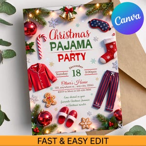 May include: A festive Christmas Pajama Party invitation with red and green text, featuring pajama graphics, ornaments, and snowflakes. The invitation includes the date, time, and location for the event.