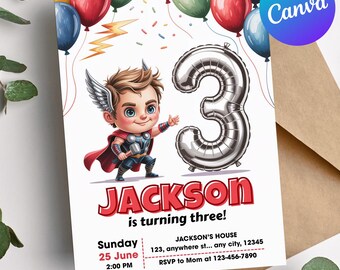 Invito per il 3° compleanno di Thor, invito stampabile per festa di supereroi, modello modificabile, compleanno Avengers per ragazzi, Canva, simpatico biglietto di Thor, compleanno per ragazzi