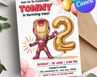 Iron Man digitale 2e verjaardagsuitnodiging, afdrukbare Marvel-feestkaart, superhelduitnodiging, Cute Avengers Iron Man Canva-sjabloon, kinderfeestje