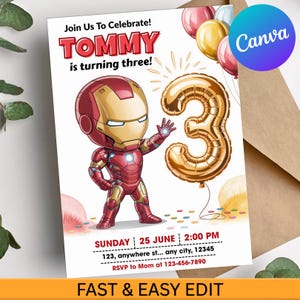 Pu&ograve; includere: Un invito di compleanno con un personaggio dei cartoni animati di Iron Man. L'invito recita "Unisciti a noi per festeggiare! TOMMY compie tre anni!" con i dettagli dell'evento e un palloncino dorato con il numero 3.
