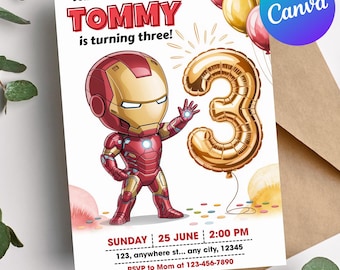 3e Iron Man verjaardagsuitnodiging, superheld verjaardag digitale uitnodiging, bewerkbare Canva-sjabloon, Avengers verjaardagsuitnodiging voor jongens, derde jarige