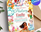 Royal Princess Pool Party Invitation, Digital Girl Birthday Invite, Editable Canva Template, cute princess birthday pool theme, moana bday