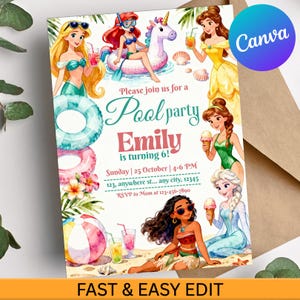 Op de afbeelding: Een kleurrijke uitnodiging voor een zwembadfeest met stripfiguren. De uitnodiging bevat de tekst "Pool party Emily is turning 6!" met de datum, tijd en RSVP-informatie. Het ontwerp bevat illustraties van prinsessen en strandelementen.