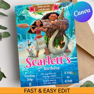 Puede incluir: Una colorida invitación de cumpleaños con personajes de dibujos animados y un fondo de océano tropical. La invitación dice "5º Cumpleaños de Scarlett" con detalles del evento. También se incluye el texto "Fast & Easy Edit".