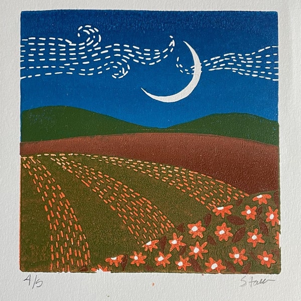 Small Landscape Linocut Print, Small Wall in Art Fall Colors