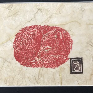 Baby Fox Linocut Print, Hand Printed Art,  Woodland Nursery Decor
