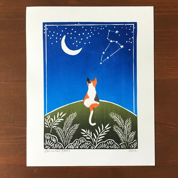 Calico Cat Lino Print Leo Star Constellation Folk Art Style Whimsical Cat Art