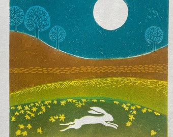 Leaping Rabbit Woodblock Print: Original Folk Art, Nursery Wall Decor