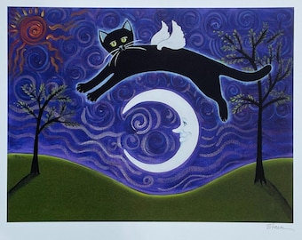 Black Cat Angel Moon Print – Whimsical Folk Art Wall Decor