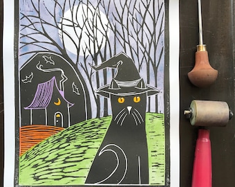 Witch Cat Woodblock Print, Halloween Folk Art